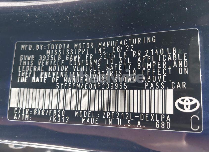 Photo 9 of 2022 Toyota Corolla LE (VIN 5YFEPMAE0NP339955)