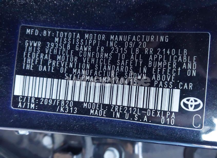 Photo 9 of 2021 Toyota Corolla LE (VIN 5YFEPMAE1MP170415)