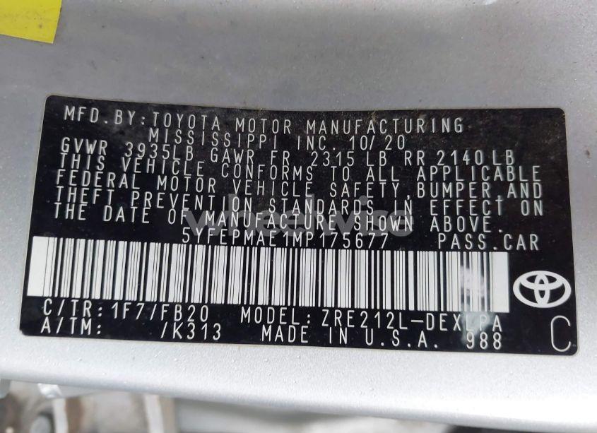 Photo 9 of 2021 Toyota Corolla LE (VIN 5YFEPMAE1MP175677)