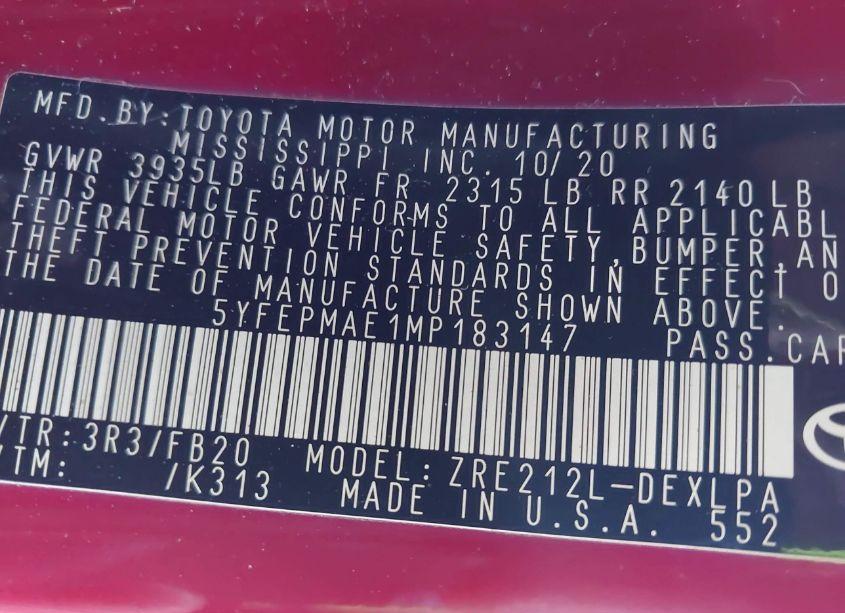 Photo 9 of 2021 Toyota Corolla LE (VIN 5YFEPMAE1MP183147)