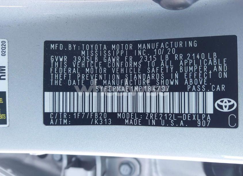 Photo 9 of 2021 Toyota Corolla LE (VIN 5YFEPMAE1MP184797)