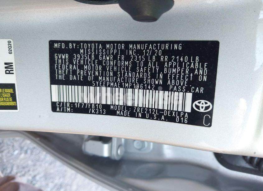 Photo 9 of 2021 Toyota Corolla LE (VIN 5YFEPMAE1MP196142)