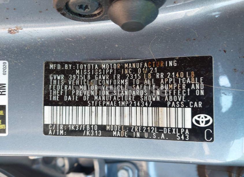 Photo 9 of 2021 Toyota Corolla LE (VIN 5YFEPMAE1MP214347)