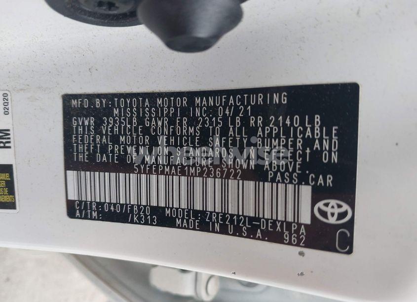 Photo 9 of 2021 Toyota Corolla LE (VIN 5YFEPMAE1MP236722)