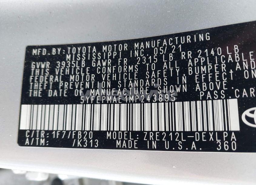 Photo 9 of 2021 Toyota Corolla LE (VIN 5YFEPMAE1MP243895)