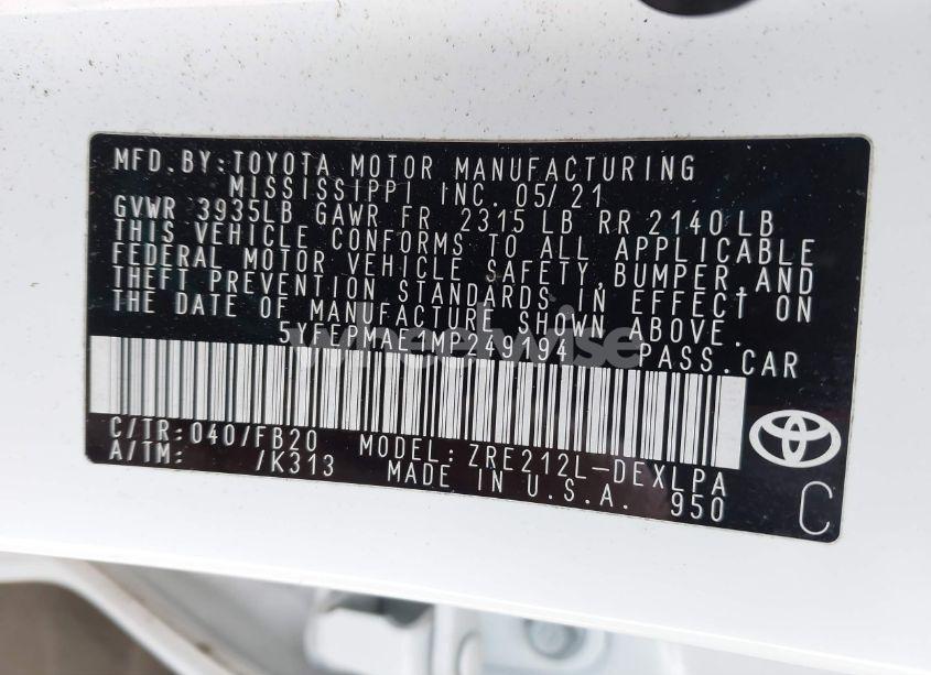 Photo 9 of 2021 Toyota Corolla LE (VIN 5YFEPMAE1MP249194)