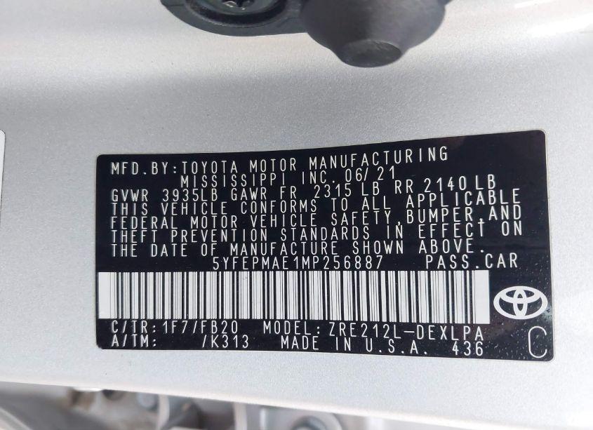 Photo 9 of 2021 Toyota Corolla LE (VIN 5YFEPMAE1MP256887)