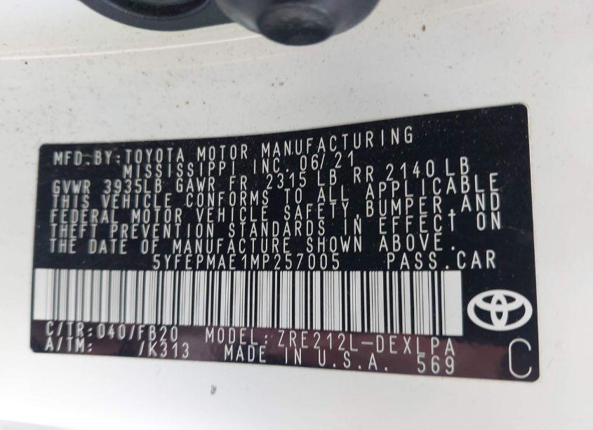 Photo 9 of 2021 Toyota Corolla LE (VIN 5YFEPMAE1MP257005)