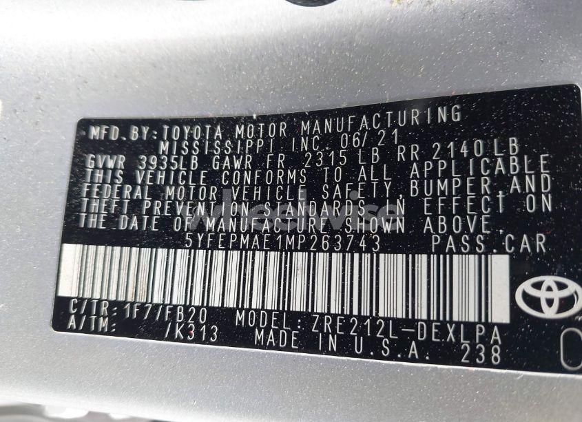 Photo 9 of 2021 Toyota Corolla LE (VIN 5YFEPMAE1MP263743)