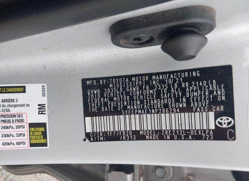 Photo 9 of 2022 Toyota Corolla LE (VIN 5YFEPMAE1NP286294)