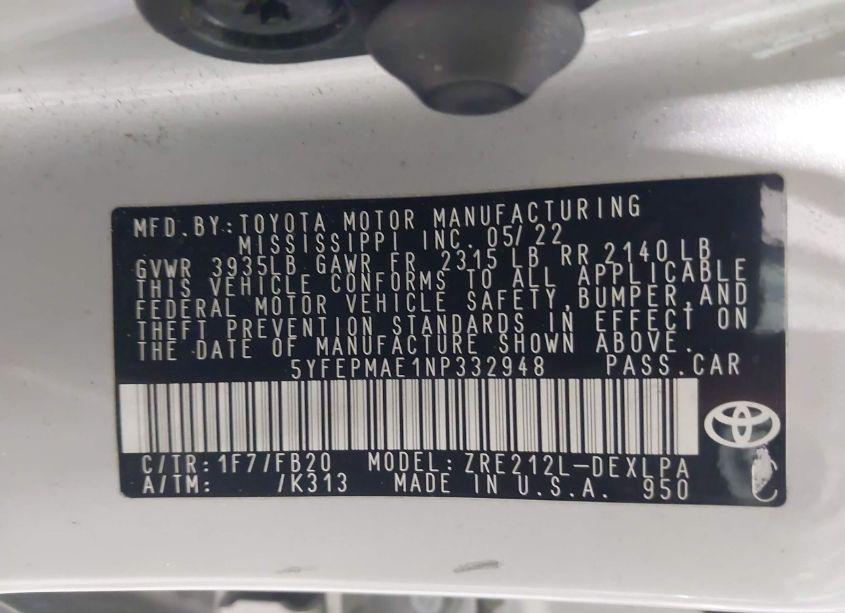 Photo 9 of 2022 Toyota Corolla LE (VIN 5YFEPMAE1NP332948)