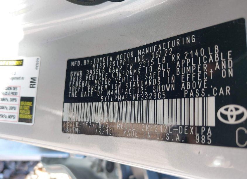 Photo 9 of 2022 Toyota Corolla LE (VIN 5YFEPMAE1NP332965)