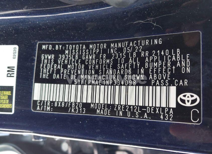 Photo 9 of 2022 Toyota Corolla LE (VIN 5YFEPMAE1NP334098)