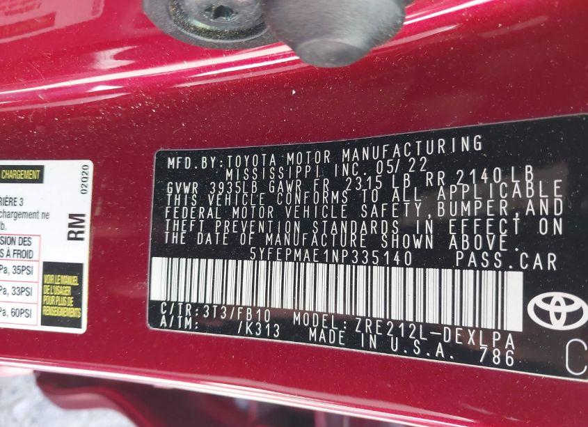 Photo 9 of 2022 Toyota Corolla LE (VIN 5YFEPMAE1NP335140)