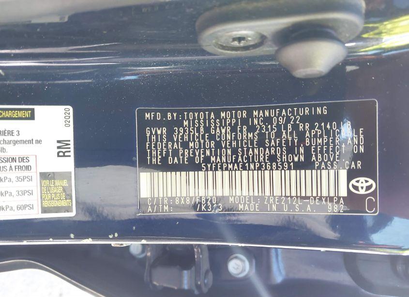 Photo 9 of 2022 Toyota Corolla LE (VIN 5YFEPMAE1NP368591)