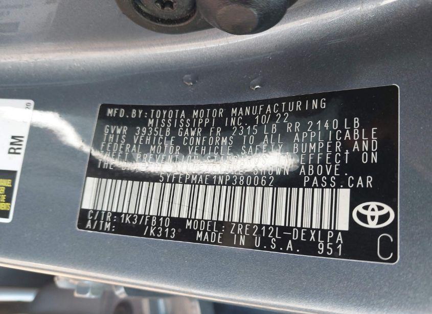 Photo 9 of 2022 Toyota Corolla LE (VIN 5YFEPMAE1NP380062)