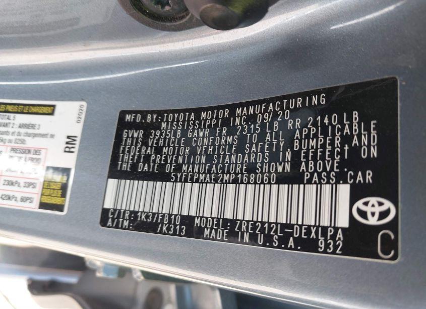 Photo 9 of 2021 Toyota Corolla LE (VIN 5YFEPMAE2MP168060)