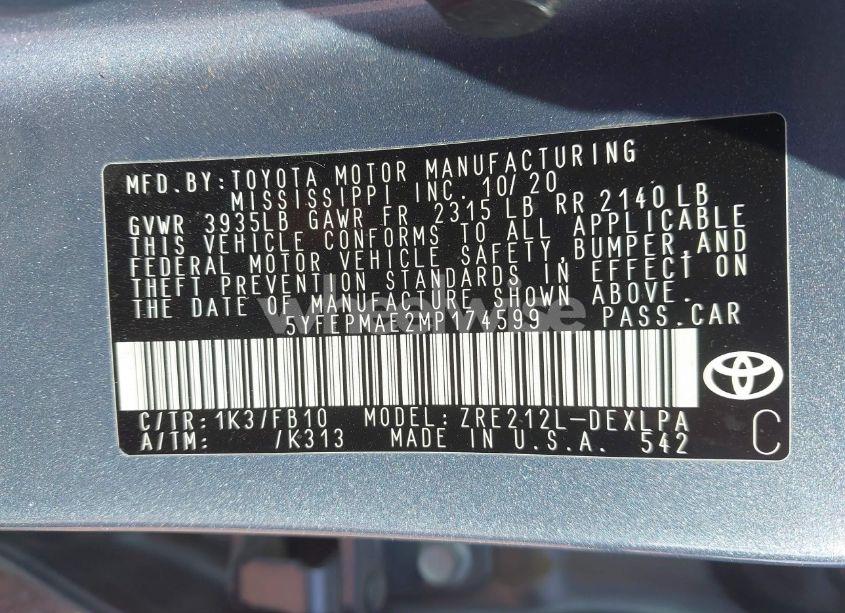 Photo 9 of 2021 Toyota Corolla LE (VIN 5YFEPMAE2MP174599)