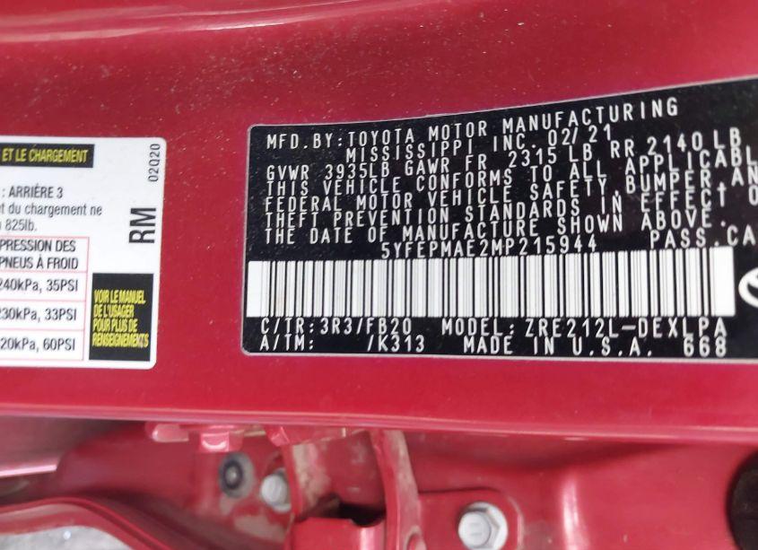 Photo 9 of 2021 Toyota Corolla LE (VIN 5YFEPMAE2MP215944)