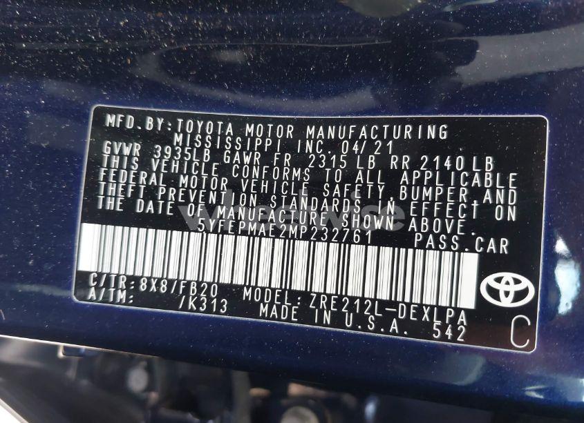 Photo 9 of 2021 Toyota Corolla LE (VIN 5YFEPMAE2MP232761)