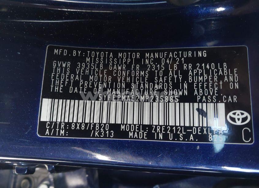 Photo 9 of 2021 Toyota Corolla LE (VIN 5YFEPMAE2MP235885)