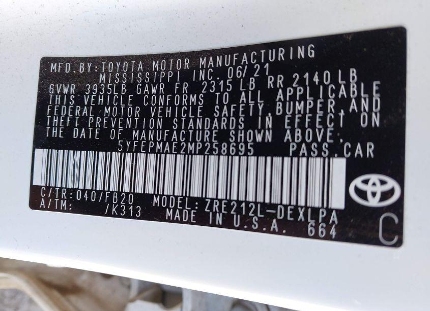 Photo 9 of 2021 Toyota Corolla LE (VIN 5YFEPMAE2MP258695)