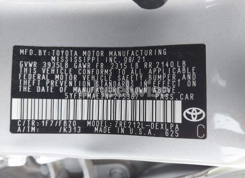 Photo 9 of 2022 Toyota Corolla LE (VIN 5YFEPMAE2NP275367)