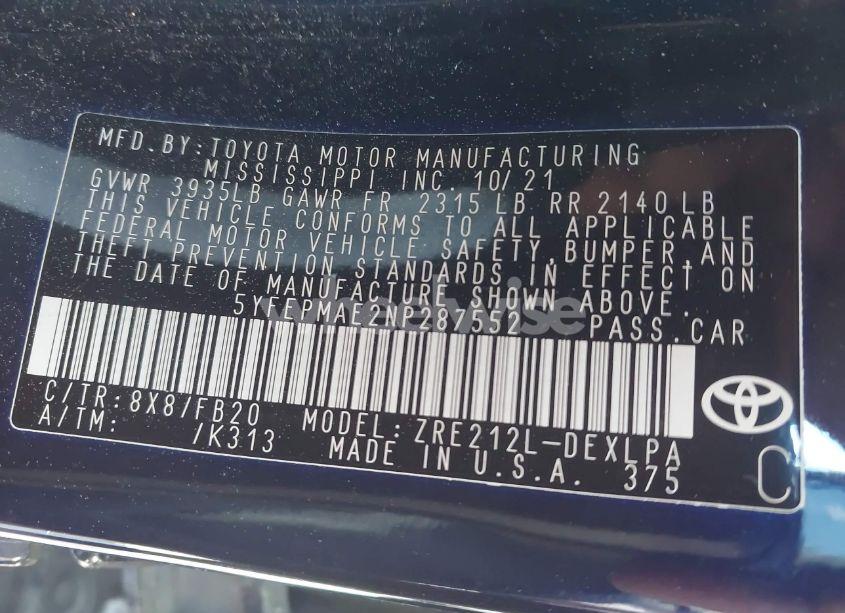 Photo 9 of 2022 Toyota Corolla LE (VIN 5YFEPMAE2NP287552)