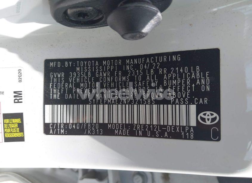 Photo 9 of 2022 Toyota Corolla LE (VIN 5YFEPMAE2NP321585)