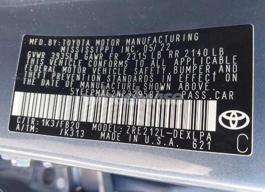 Photo 9 of 2022 Toyota Corolla LE (VIN 5YFEPMAE2NP329587)