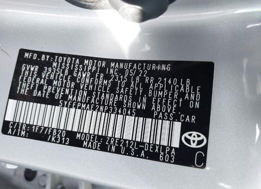 Photo 9 of 2022 Toyota Corolla LE (VIN 5YFEPMAE2NP334045)