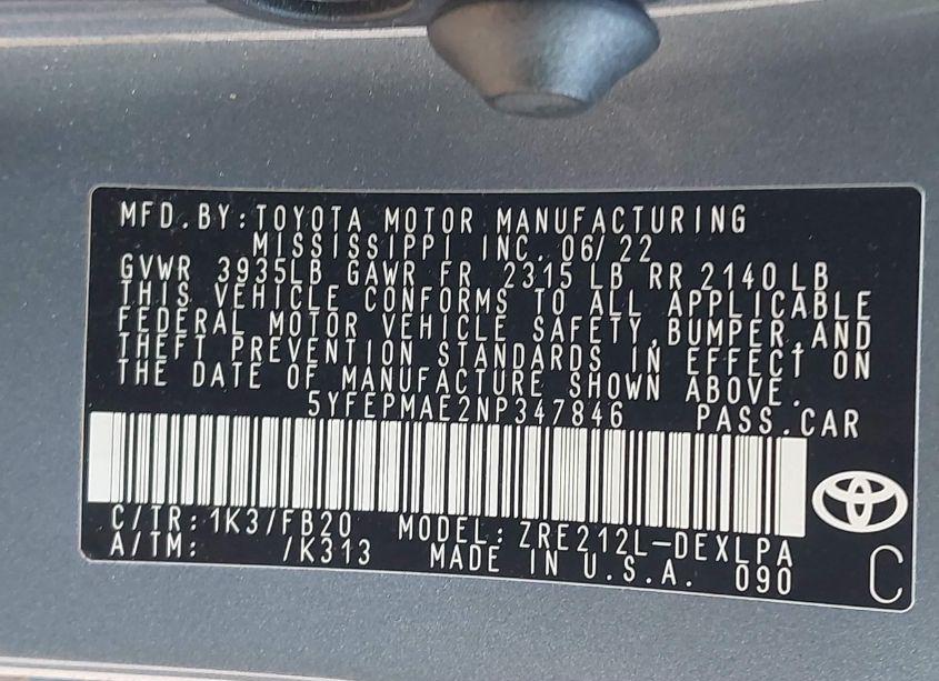 Photo 9 of 2022 Toyota Corolla LE (VIN 5YFEPMAE2NP347846)