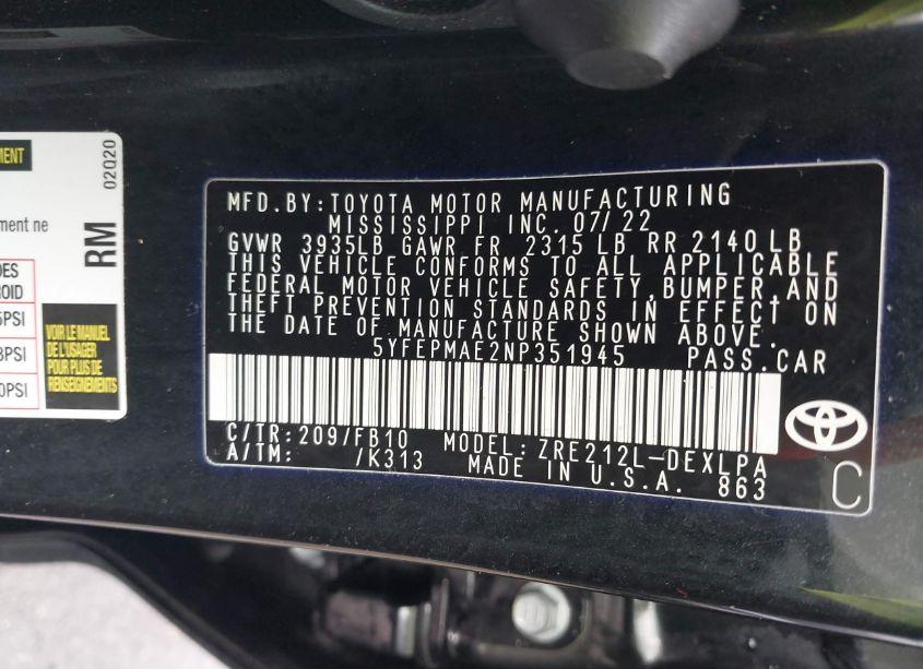 Photo 9 of 2022 Toyota Corolla LE (VIN 5YFEPMAE2NP351945)