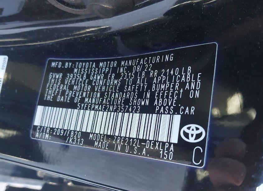 Photo 9 of 2022 Toyota Corolla LE (VIN 5YFEPMAE2NP357423)