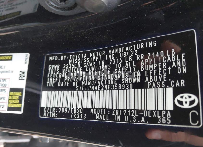 Photo 9 of 2022 Toyota Corolla LE (VIN 5YFEPMAE2NP358930)