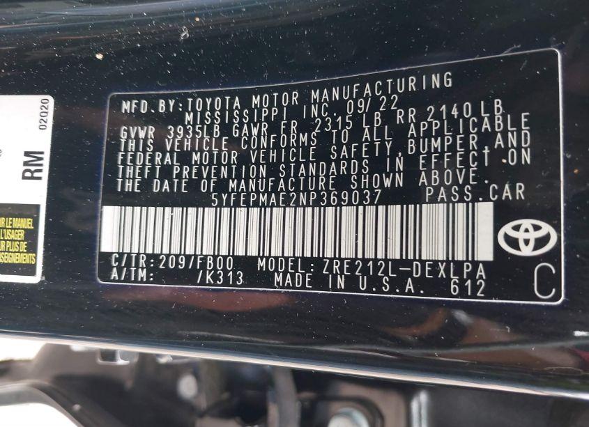 Photo 9 of 2022 Toyota Corolla LE (VIN 5YFEPMAE2NP369037)