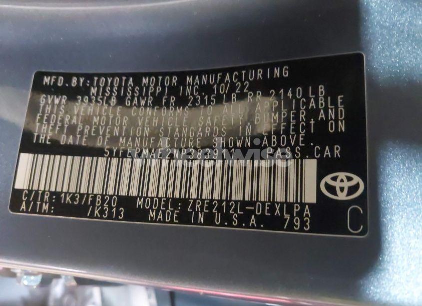 Photo 9 of 2022 Toyota Corolla LE (VIN 5YFEPMAE2NP383911)