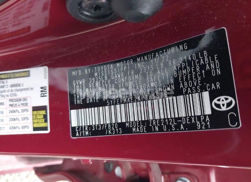 Photo 9 of 2022 Toyota Corolla LE (VIN 5YFEPMAE2NP385576)