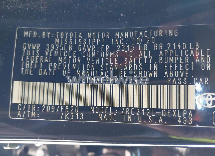 Photo 9 of 2021 Toyota Corolla LE (VIN 5YFEPMAE3MP177477)