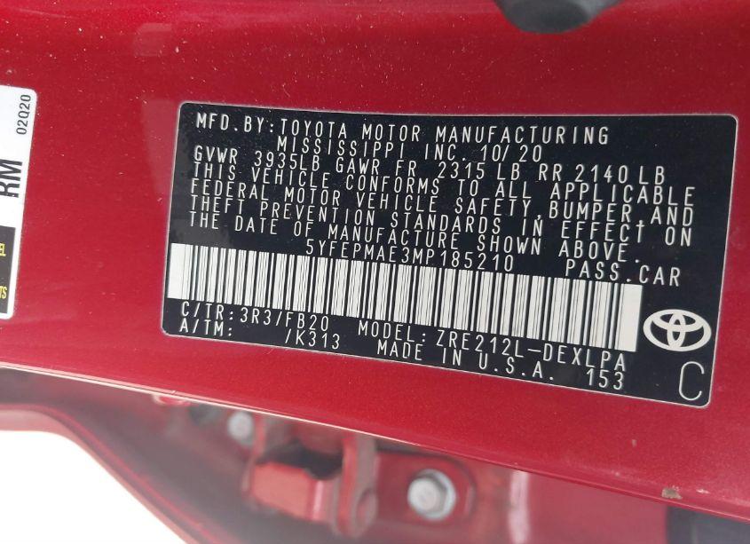 Photo 9 of 2021 Toyota Corolla LE (VIN 5YFEPMAE3MP185210)