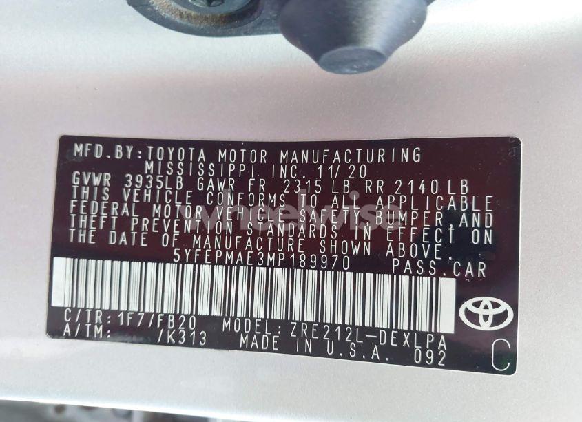 Photo 9 of 2021 Toyota Corolla LE (VIN 5YFEPMAE3MP189970)