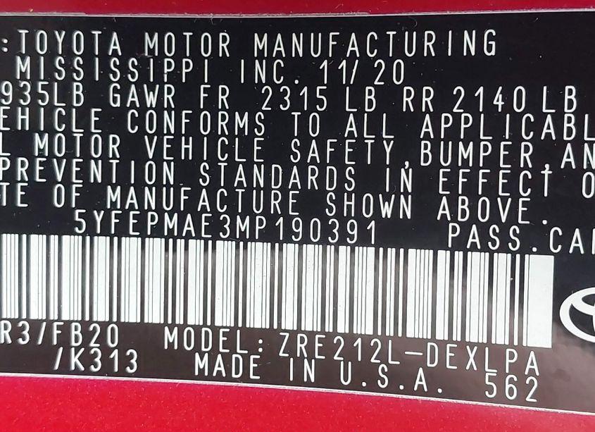 Photo 9 of 2021 Toyota Corolla LE (VIN 5YFEPMAE3MP190391)