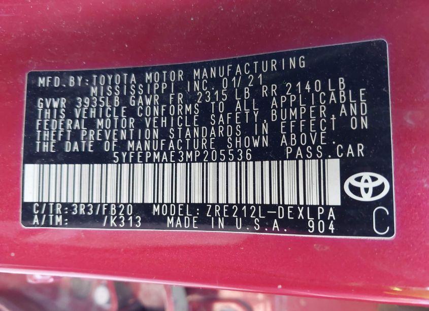 Photo 9 of 2021 Toyota Corolla LE (VIN 5YFEPMAE3MP205536)