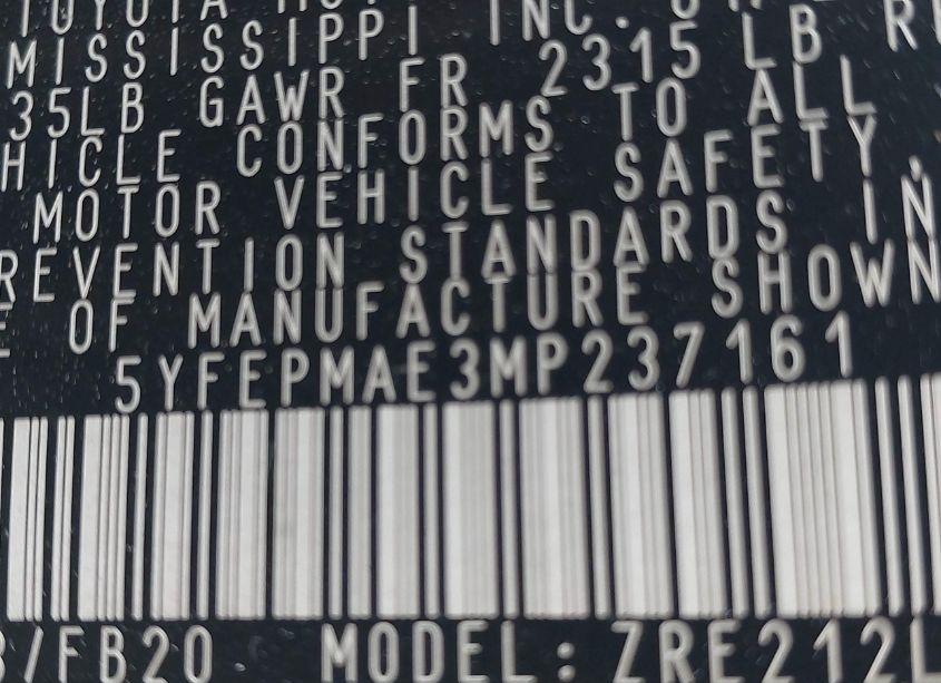 Photo 9 of 2021 Toyota Corolla LE (VIN 5YFEPMAE3MP237161)