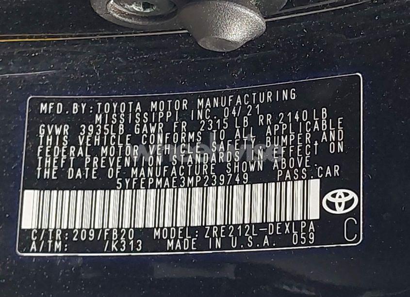 Photo 9 of 2021 Toyota Corolla LE (VIN 5YFEPMAE3MP239749)