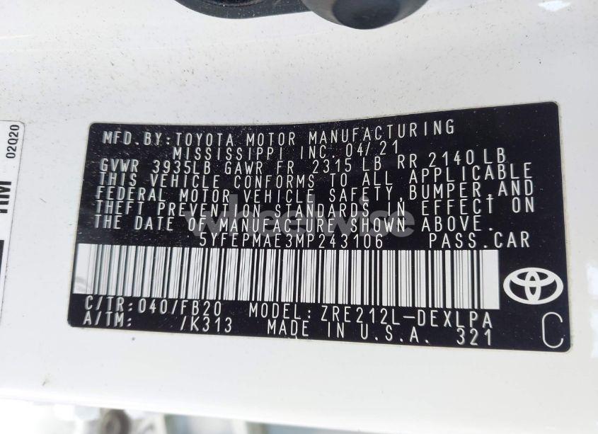 Photo 9 of 2021 Toyota Corolla LE (VIN 5YFEPMAE3MP243106)