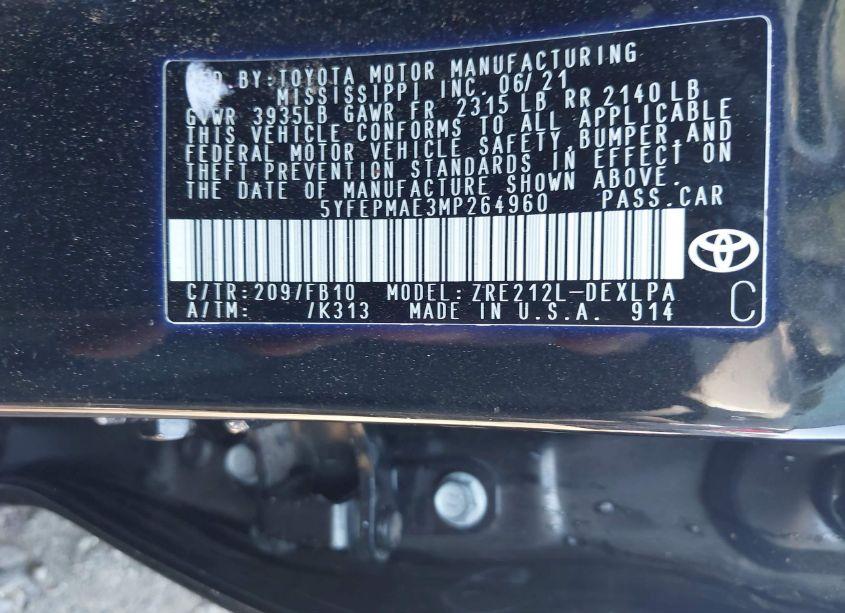 Photo 9 of 2021 Toyota Corolla LE (VIN 5YFEPMAE3MP264960)