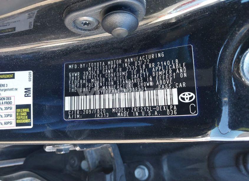 Photo 9 of 2022 Toyota Corolla LE (VIN 5YFEPMAE3NP318534)