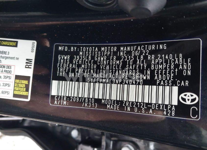 Photo 9 of 2022 Toyota Corolla LE (VIN 5YFEPMAE3NP340470)