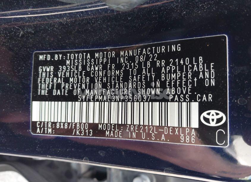 Photo 9 of 2022 Toyota Corolla LE (VIN 5YFEPMAE3NP356037)